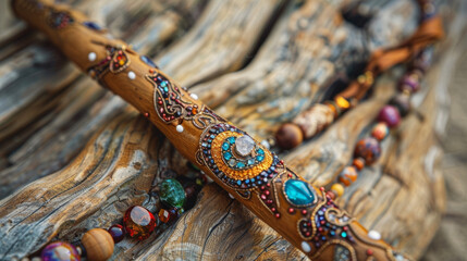 A beautifully decorated wooden staff adorned with crystals and animal totems used for channeling spiritual energy and directing healing energy.