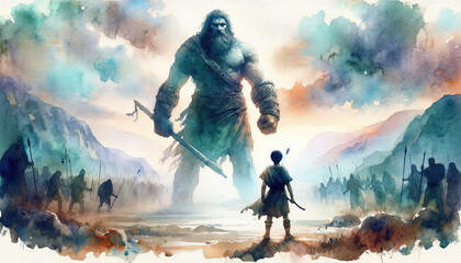 David and Goliath. Digital painting of an ancient warrior with a giant standing in front of him. Digital illustration. - obrazy, fototapety, plakaty