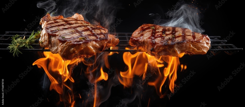 Canvas Prints The two steaks are sizzling on the grill as flames lick the meat, creating a mesmerizing display of cooking art in the darkness