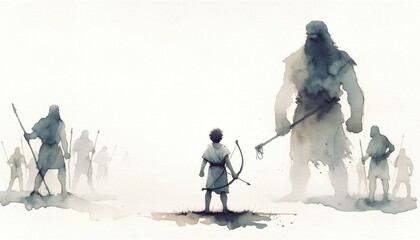 David and Goliath. Digital watercolor painting of an ancient warrior with a giant standing in front of him. Digital illustration. - obrazy, fototapety, plakaty