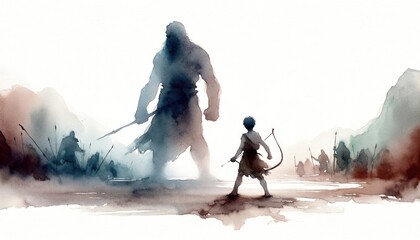 David and Goliath. Digital watercolor painting of an ancient warrior with a giant standing in front of him. Digital illustration.