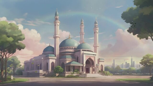 blue mosque in the middle of a park with a bright blue sky, anime style