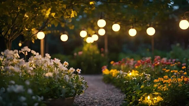 Enchanted fantasy garden , fantasy flowers, floating glowing fairy lights. Atmospheric, ambient, generative ai, seamless looping, 4k, looping, ambient video animation, ambient, bokeh floating ai