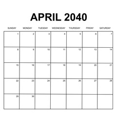 april 2040. monthly calendar design. week starts on sunday. printable, simple, and clean vector design isolated on white background.