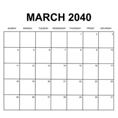 march 2040. monthly calendar design. week starts on sunday. printable, simple, and clean vector design isolated on white background.