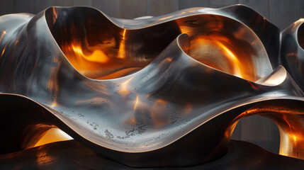 A dark and moody closeup of a metallic sculpture with a soft glow emanating from within. The sculpture appears to be alive and pulsating with fluid organic shapes flowing