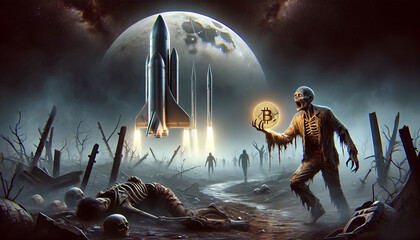 A dystopian scene juxtaposing a rocket launch against a zombie apocalypse with a shining Bitcoin symbol..