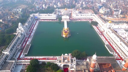 The Golden Temple also known as the Harimandir Sahib Aerial view by DJI mini3Pro Drone city of...