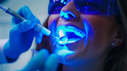 With their mouth wide open a patient undergoes a painless and quick teeth bleaching procedure as the dentist carefully applies a safe highpowered gel to their teeth that will - obrazy, fototapety, plakaty