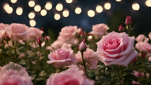Roses Field at Sunrise, Pink rose flowers on a edge beautiful rose bush in flowers garden, relaxing nature video, seamless looping aniamtion, 4k video, nature animation, relaxing youtube video, ai	