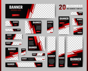 Professional business web ad banner template with photo place. Modern layout black background and red shape and text design