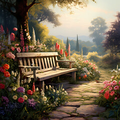 A peaceful garden with a bench and flowers.  - obrazy, fototapety, plakaty