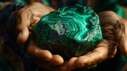 A closeup of a shamans hands cupping a large piece of tumbled malachite. The rich green color seems to pulsate with energy and the shamans hands seem to be channeling it towards