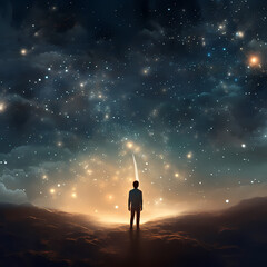 A person reaching towards a star-filled sky.
