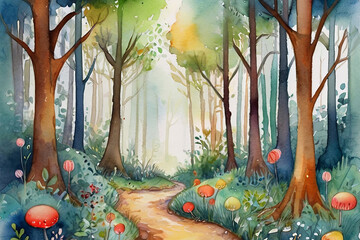 Watercolor illustration Colorful magical fairytale forest. Enchanting and vibrant woodland scenery.