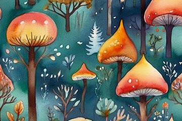 Watercolor illustration Colorful magical fairytale forest. Enchanting and vibrant woodland scenery.