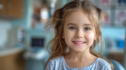 Smiling beautiful girl with healthy white teeth with dentist office on background - obrazy, fototapety, plakaty