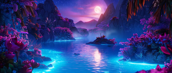 Monster unwinding in a bioluminescent pool surrounded by glowing flora