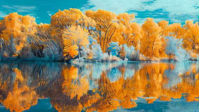 Autumn landscape with the image of trees reflected in the lake.