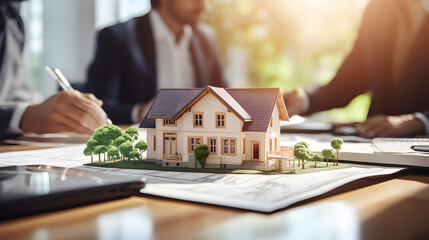 real estate agent signs a counter with keys and a house model on the table
