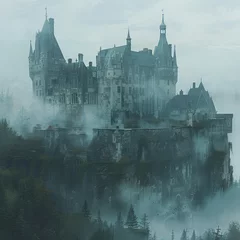 Tuinposter A historic European castle shrouded in fog, evoking mystery and antiquity. © Pakasit
