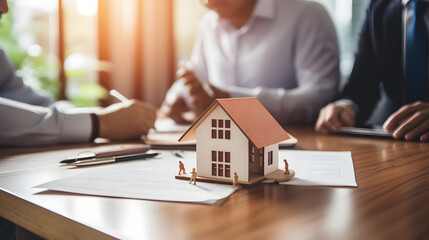 Fototapeta premium real estate agent signs a counter with keys and a house model on the table