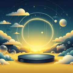 Abstract background with round podium, circle and clouds.