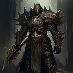 Fantasy Dark Armor Warrior in Mysterious Setting

