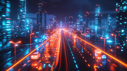 Night view of futuristic city with cars on city road decorated with neon lights
