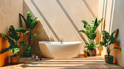 Luxurious Bathroom with White Bathtub, Green Plant Decor, and Modern Design, Elegant and Relaxing Atmosphere