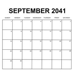 september 2041. monthly calendar design. week starts on sunday. printable, simple, and clean vector design isolated on white background.