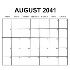 august 2041. monthly calendar design. week starts on sunday. printable, simple, and clean vector design isolated on white background.