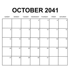 october 2041. monthly calendar design. week starts on sunday. printable, simple, and clean vector design isolated on white background.