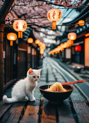 Transport yourself to Tokyo's vibrant streets where a adorable kittens indulge in a noodle feast....