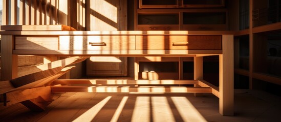 The sunlight filters through the buildings windows, creating shadows on the hardwood flooring. The wood stain shines on the shelves, stairs, and planks