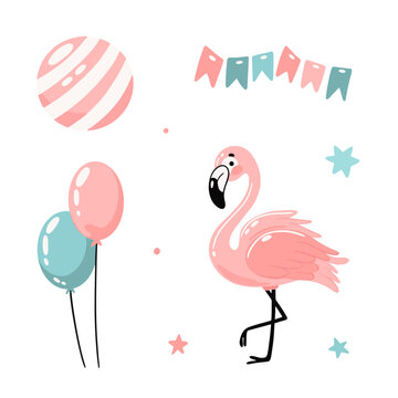 Vector illustration of a flamingo. Bright, cheerful flamingo with festive balls and confetti for cards.