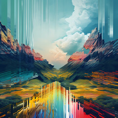 Glitch art-inspired landscape with distorted elements