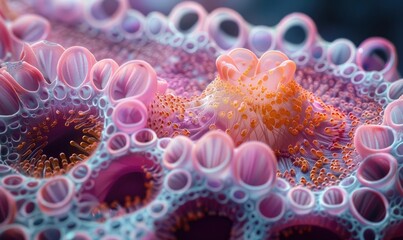 A close-up, highly detailed visualization of coral-like structures with vivid pink and orange colors, simulating a microscopic view of cellular complexity.