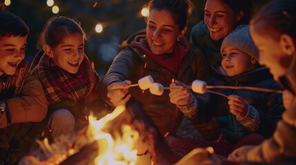 A family is gathered around a campfire roasting marshmallows and huddled close together. The parents are telling stories of their own childhood adventures while the children - obrazy, fototapety, plakaty