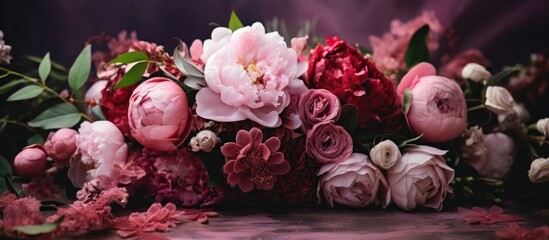 A beautiful arrangement of pink and red flowers, including roses, from the rose family, displayed on a wooden table for a special event