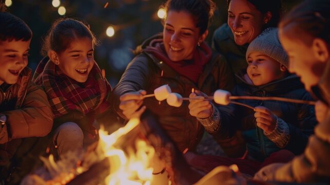 A family is gathered around a campfire roasting marshmallows and huddled close together. The parents are telling stories of their own childhood adventures while the children
