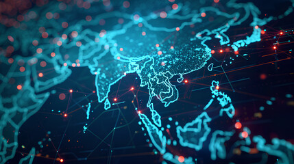 Digital map of Asia, concept of global network and connectivity, data transfer and cyber technology, business exchange, information and telecommunication 