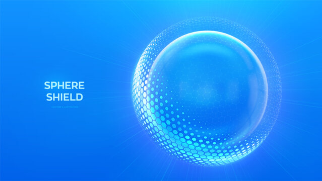 Glass transparent protection sphere shield. Sphere shield with hexagon pattern on blue background. Bubble shield in the form of a force energy field. Protection and safety concept. Vector illustration