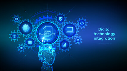 Digital transformation concept. Digitization of business processes and modern technology. Disruption, innovation. Hand touching digital interface with connected gears cogs, icons. Vector illustration.