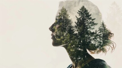 c of a woman's head with a forest landscape as the background, the concept of harmony between man and nature