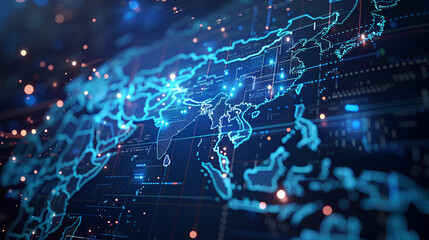 Digital map of Asia, concept of global network and connectivity, data transfer and cyber technology, business exchange, information and telecommunication 
