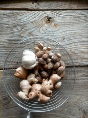mushrooms on wooden background
