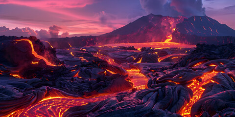 Light from fire rising from lava texture burning volcano Lava streams of fluorescent magenta and jade bytes.