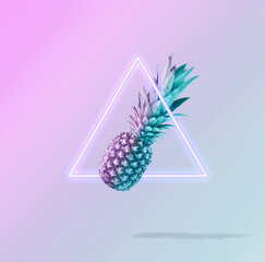 Pineapple in vibrant bold gradient holographic neon colors. Concept art. Minimal surrealism background. Contemporary style. Creative pop art, minimal aesthetics.Minimal tropical fruit summer concept.