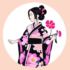 Vector of Retro Chinese Lady holding a red umbrella on white background.